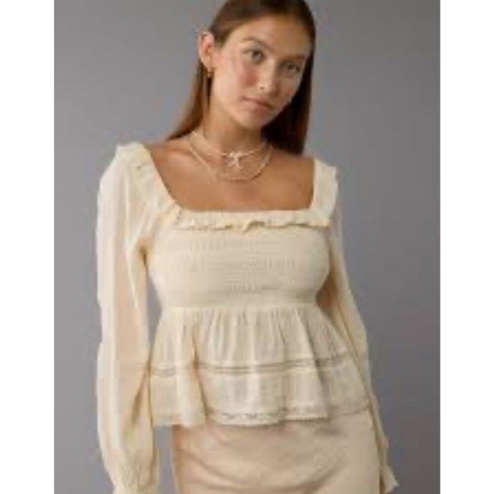 AMERICAN EAGLE IVORY CREAM  LACE BOHO RUFFLE BLOUSE Long Sleeve TOP SIZE S Teen